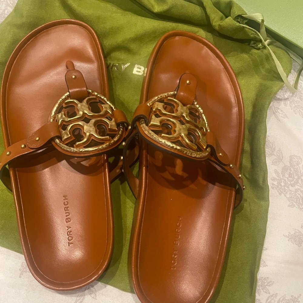 Tory Burch Brown Leather Logo Ring Slide Sandals with Gold Hardware